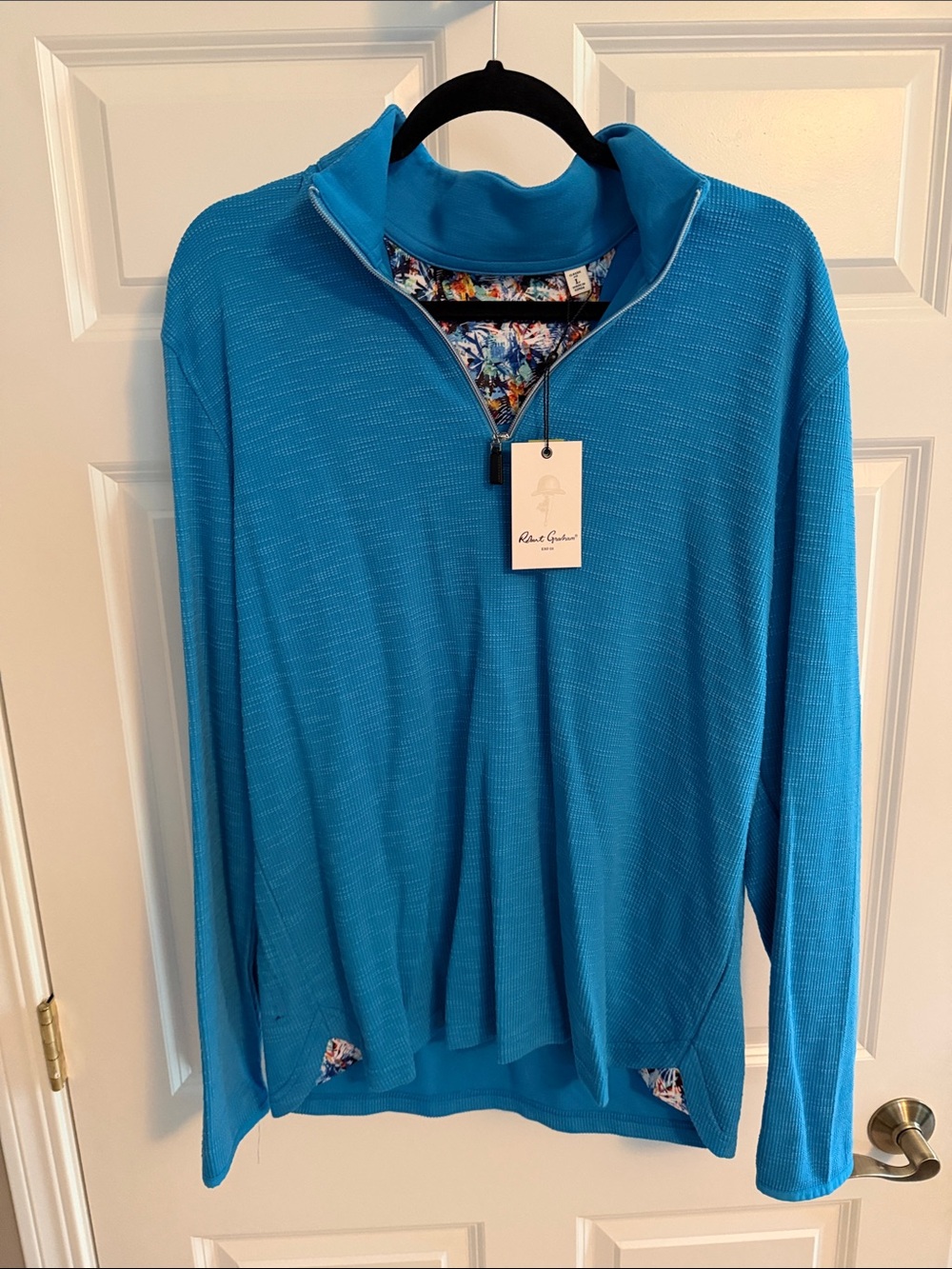 Robert Graham Aqua Blue Floral-Trim Quarter Zip Pullover